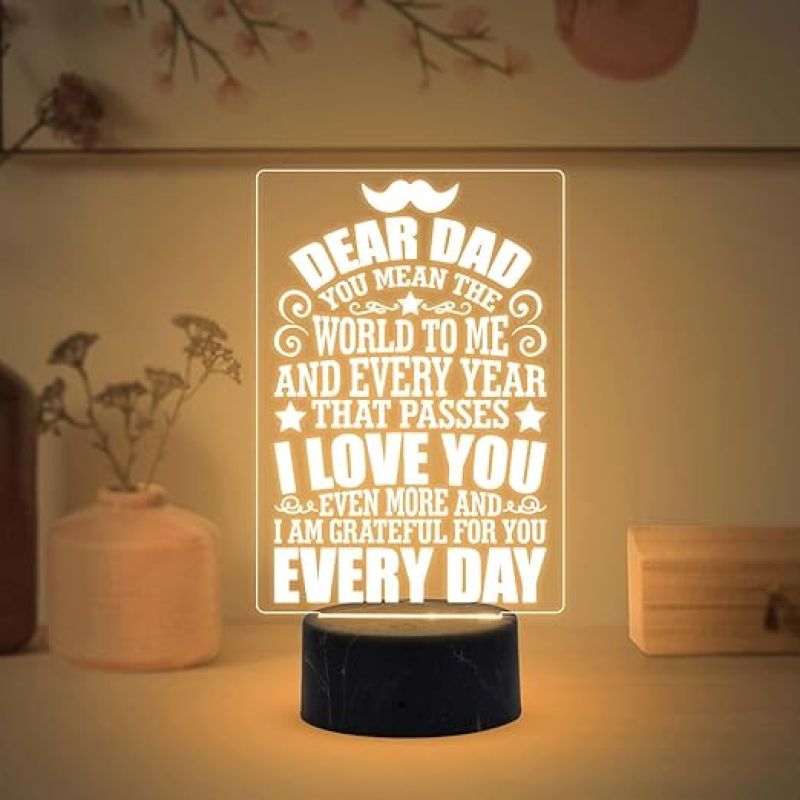 Dear Dad Engraved Night Lamp with Warm White Light Birthday Gift for Dad from Daughter Son Fathers Day Gift for Dad